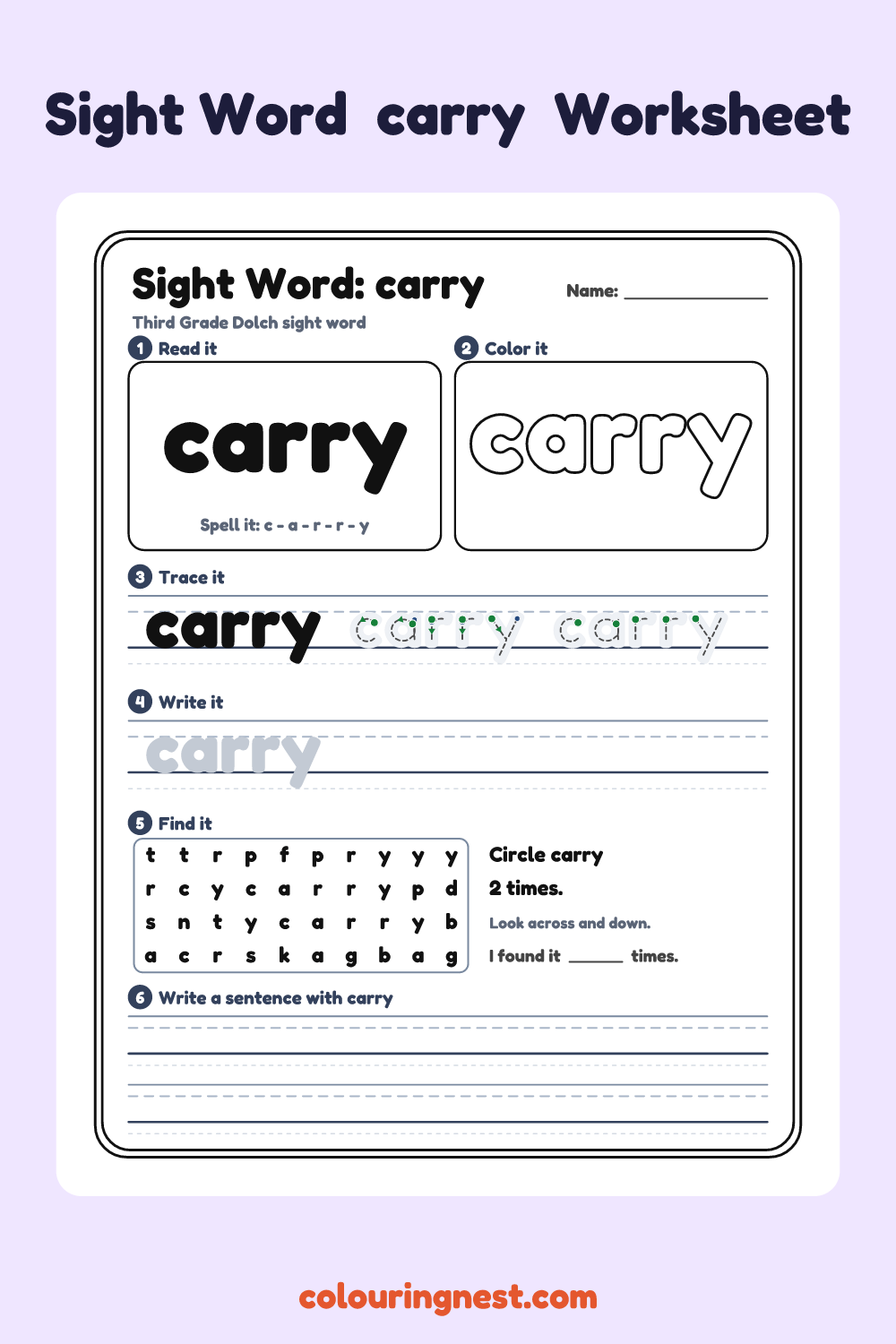 “carry” sight word worksheet: read it, color it, trace it, write it, find it and use it in a sentence