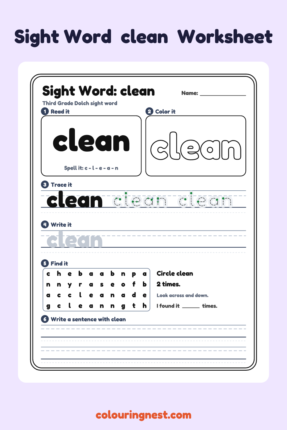 “clean” sight word worksheet: read it, color it, trace it, write it, find it and use it in a sentence