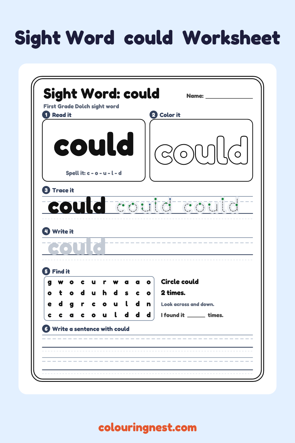 “could” sight word worksheet: read it, color it, trace it, write it, find it and use it in a sentence