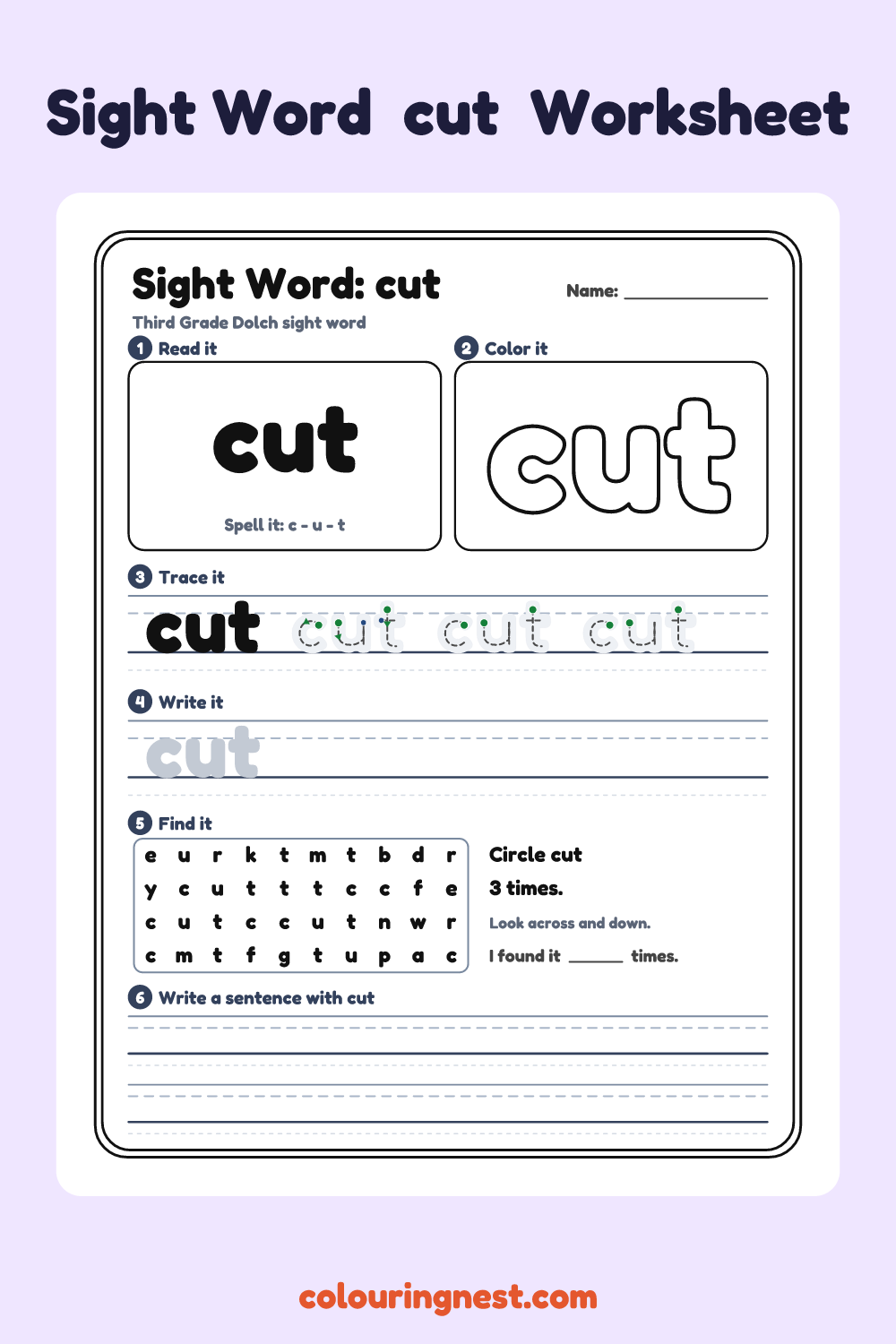 “cut” sight word worksheet: read it, color it, trace it, write it, find it and use it in a sentence