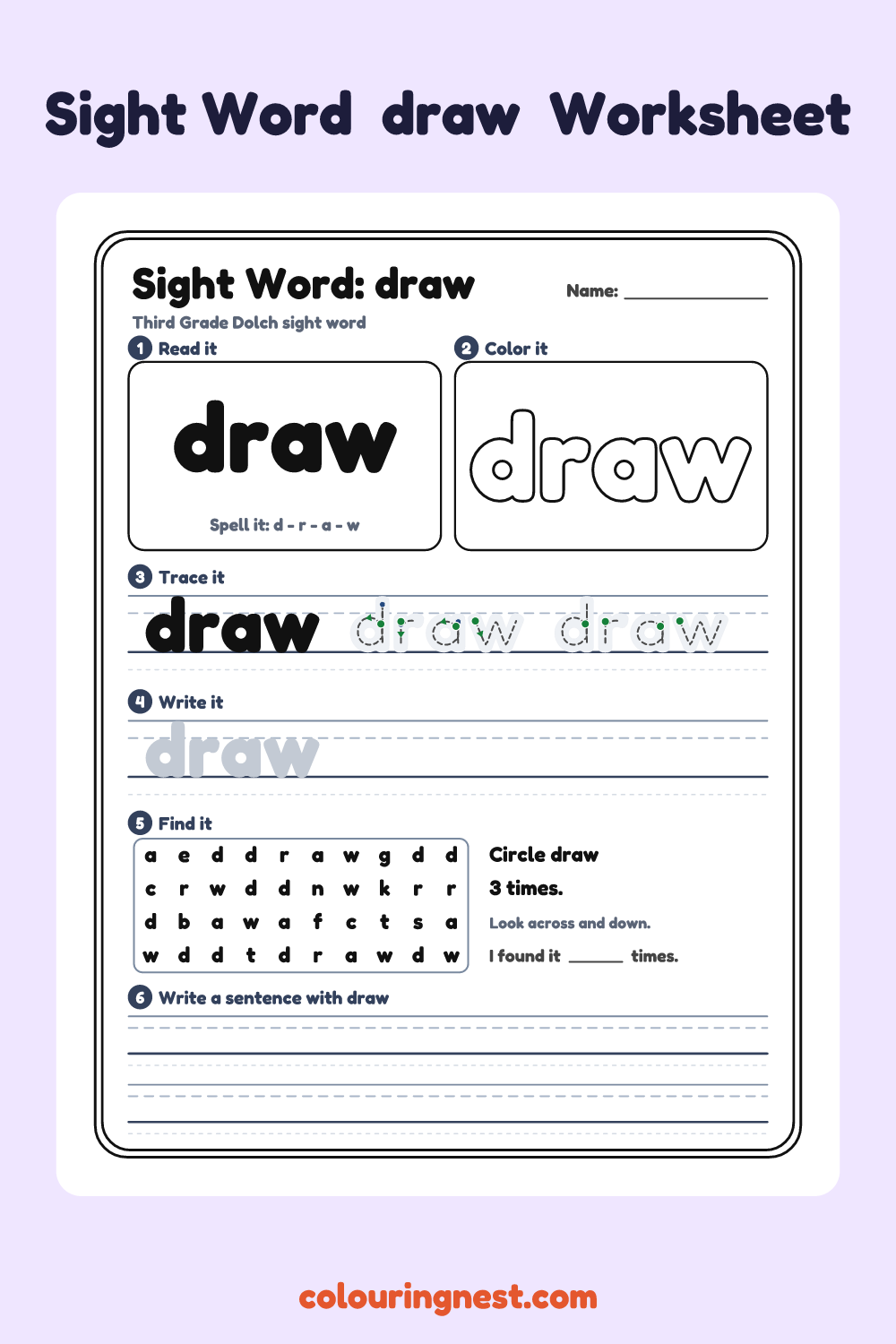 “draw” sight word worksheet: read it, color it, trace it, write it, find it and use it in a sentence