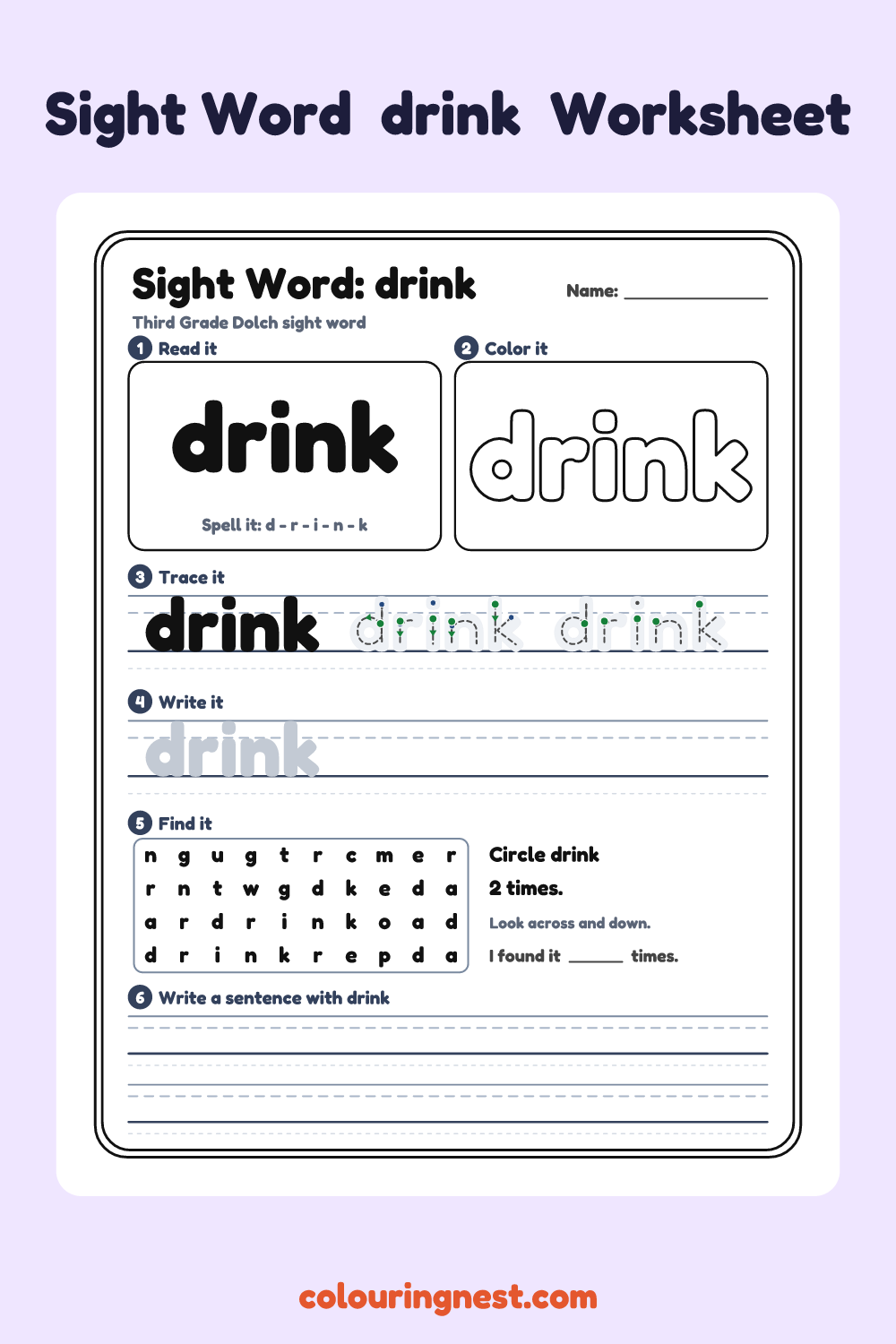 “drink” sight word worksheet: read it, color it, trace it, write it, find it and use it in a sentence