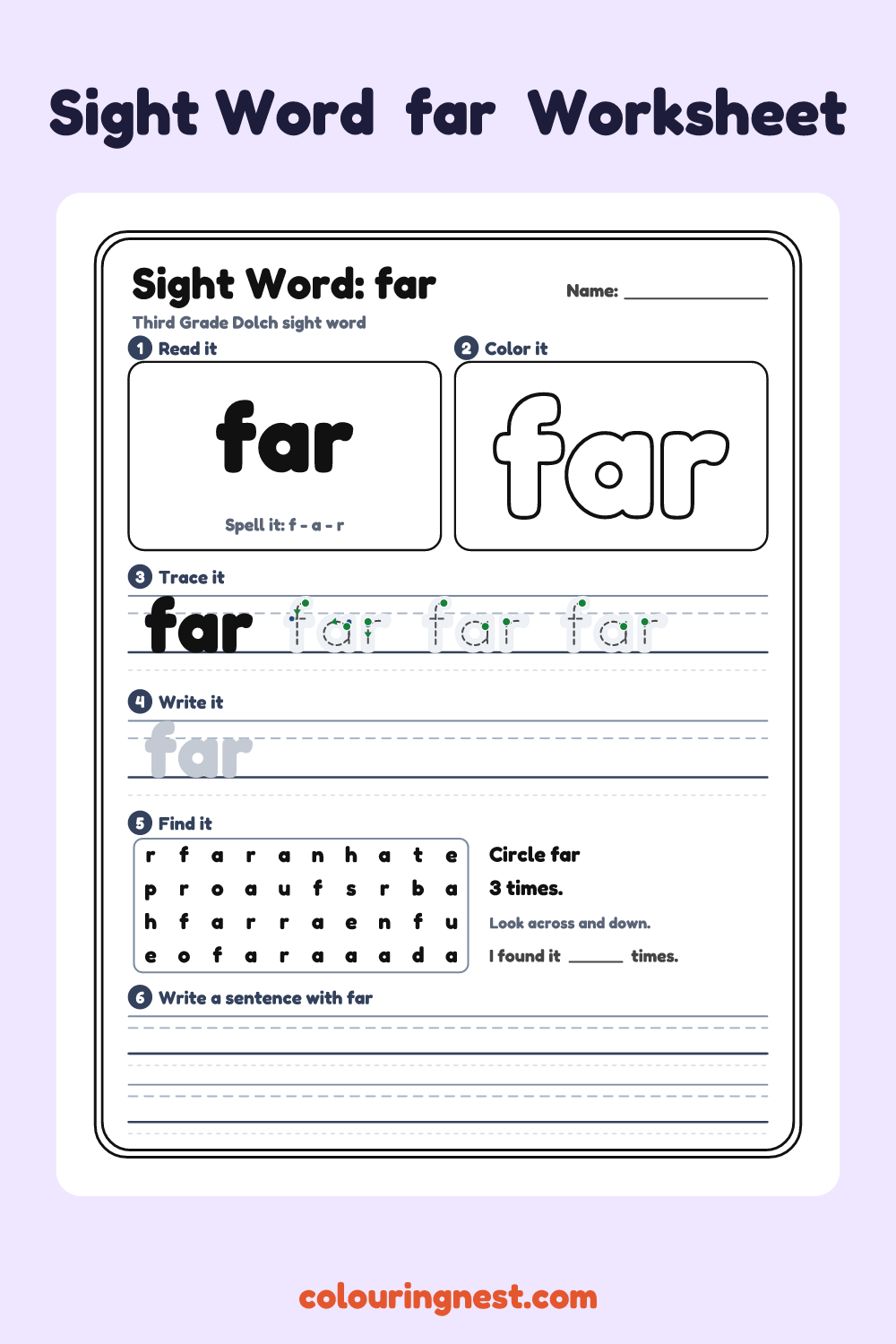 “far” sight word worksheet: read it, color it, trace it, write it, find it and use it in a sentence