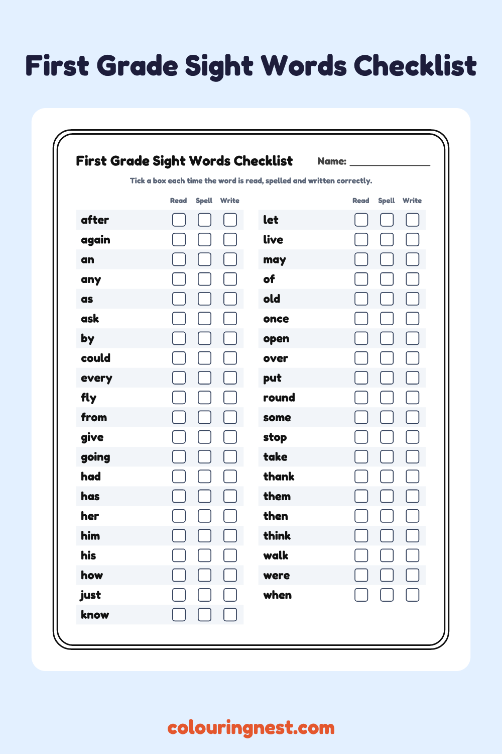 First Grade Sight Words Checklist worksheet: free printable black-and-white line art