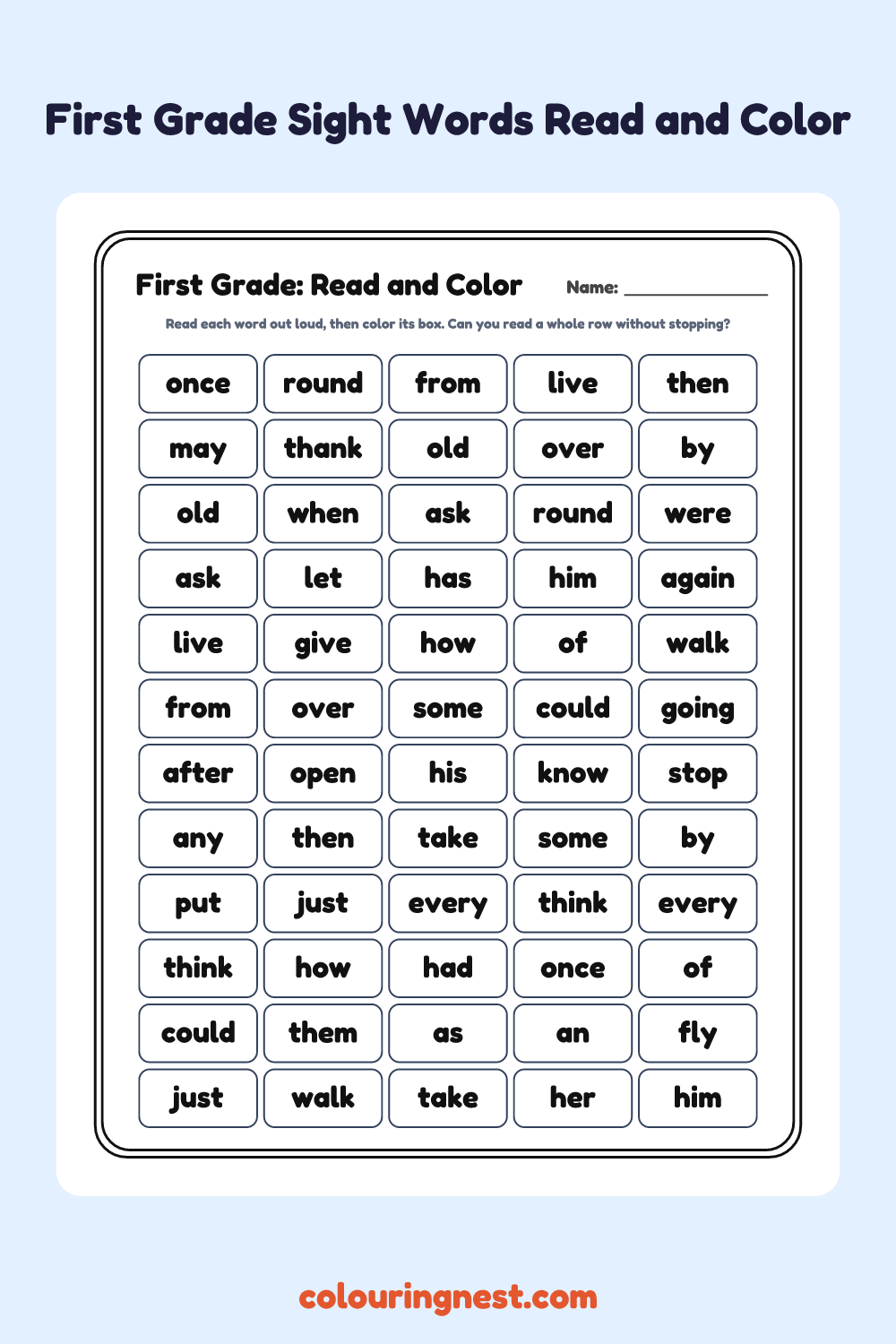 First Grade Read and Color Worksheet: free printable black-and-white line art