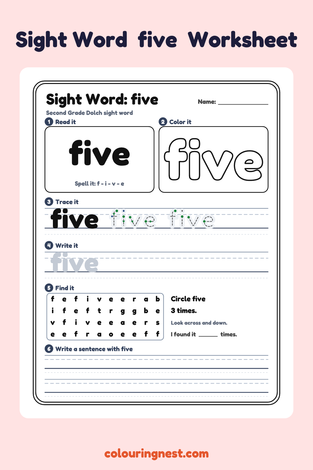 “five” sight word worksheet: read it, color it, trace it, write it, find it and use it in a sentence