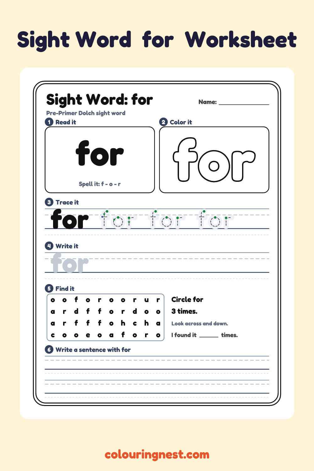 “for” sight word worksheet: read it, color it, trace it, write it, find it and use it in a sentence