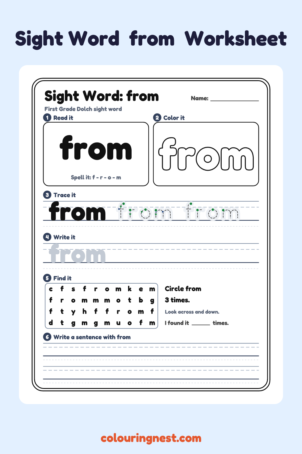“from” sight word worksheet: read it, color it, trace it, write it, find it and use it in a sentence