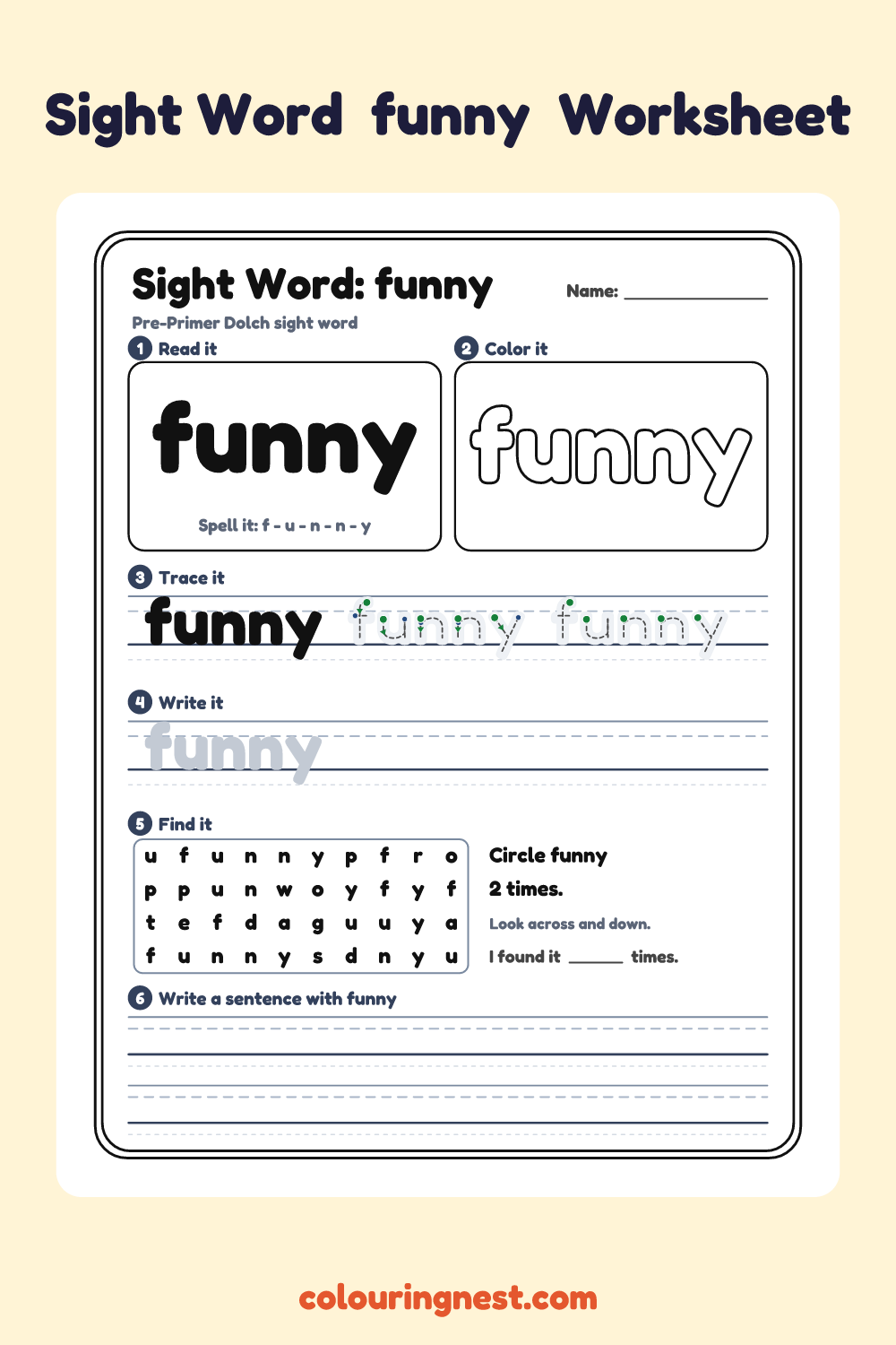 “funny” sight word worksheet: read it, color it, trace it, write it, find it and use it in a sentence