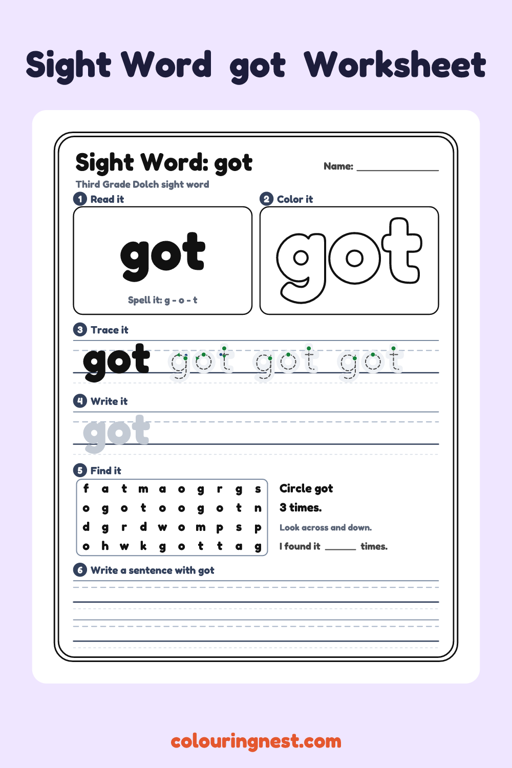“got” sight word worksheet: read it, color it, trace it, write it, find it and use it in a sentence