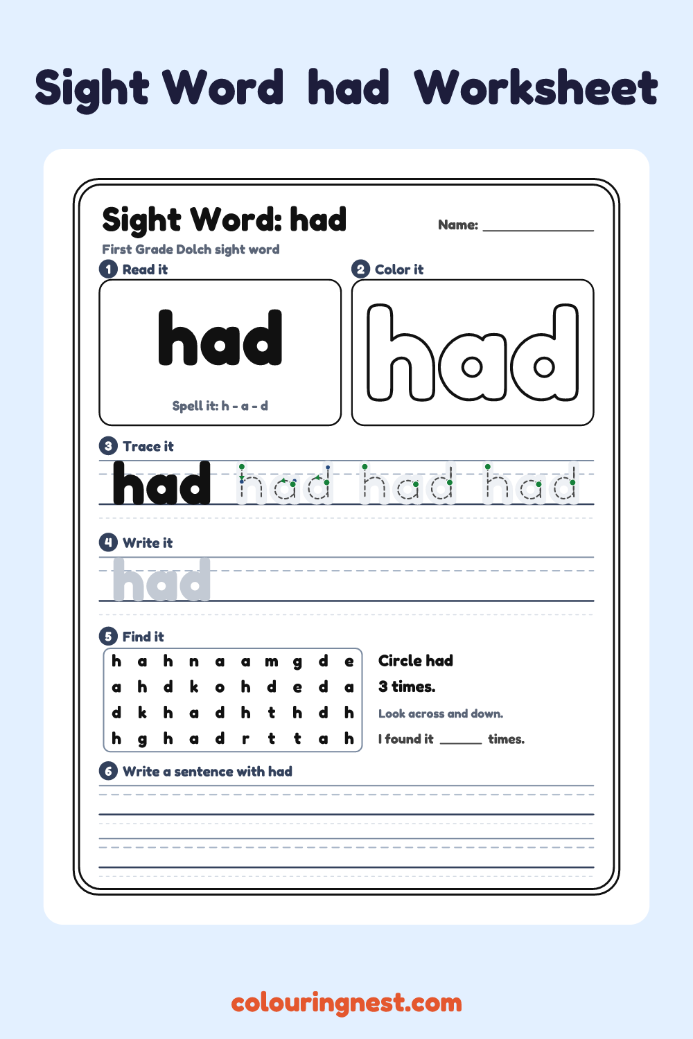 “had” sight word worksheet: read it, color it, trace it, write it, find it and use it in a sentence