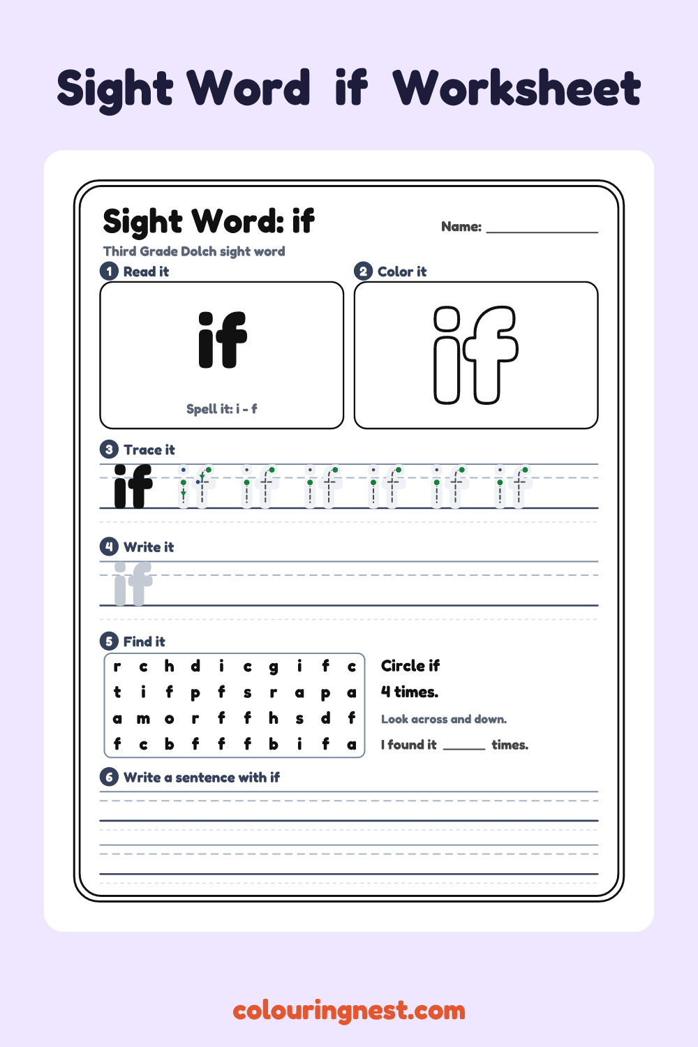 “if” sight word worksheet: read it, color it, trace it, write it, find it and use it in a sentence