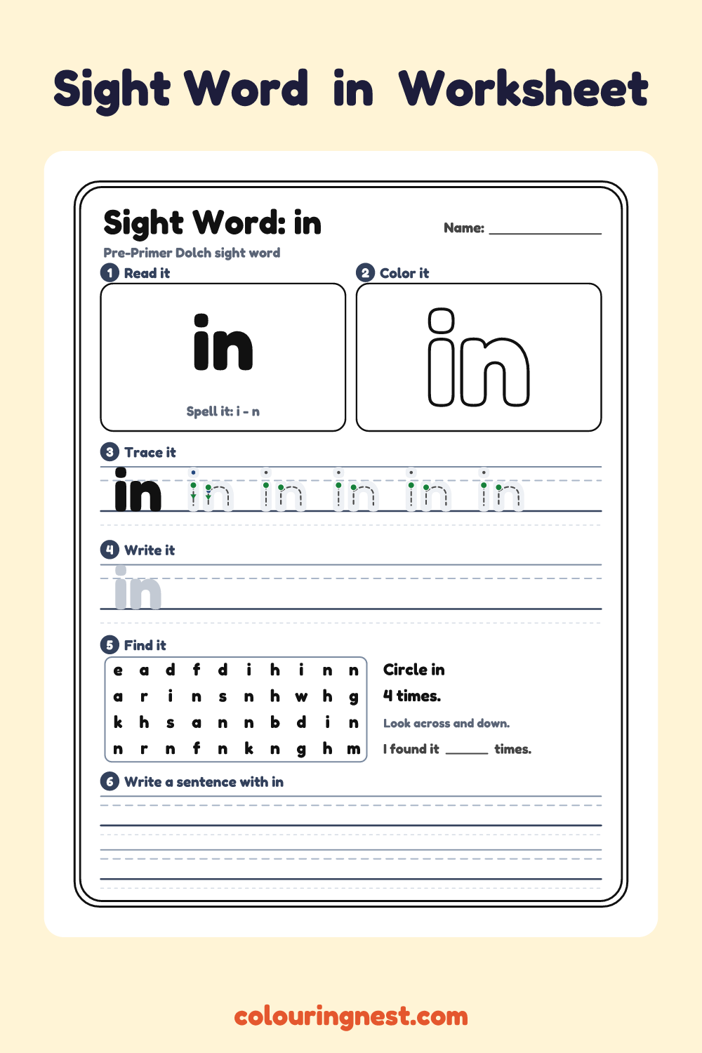 “in” sight word worksheet: read it, color it, trace it, write it, find it and use it in a sentence