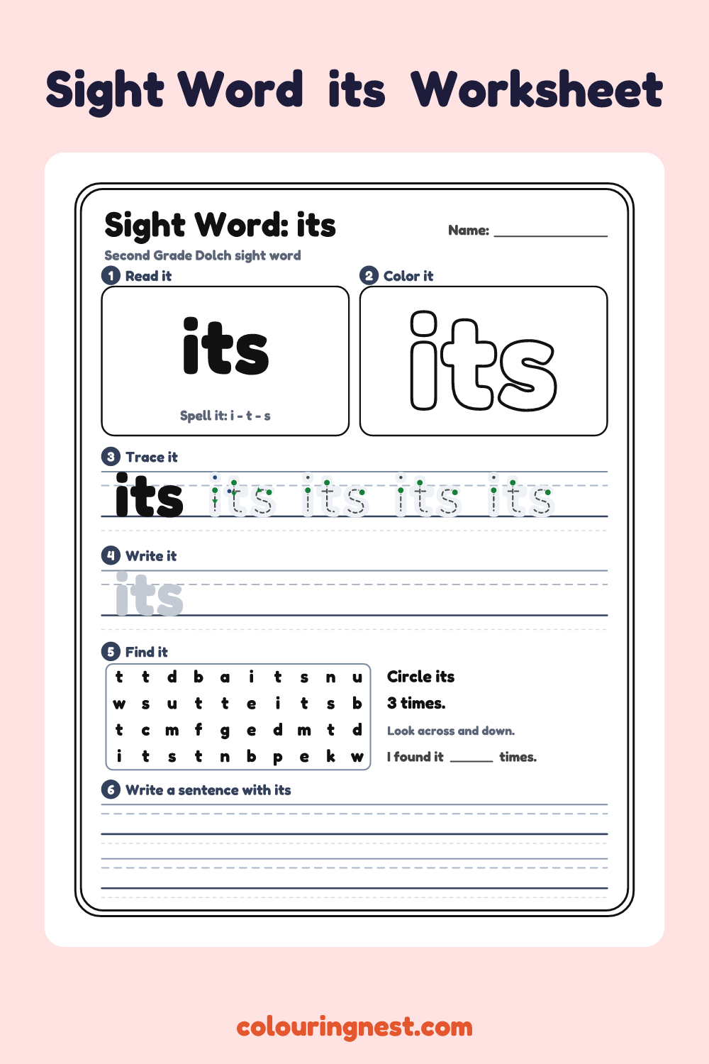 “its” sight word worksheet: read it, color it, trace it, write it, find it and use it in a sentence