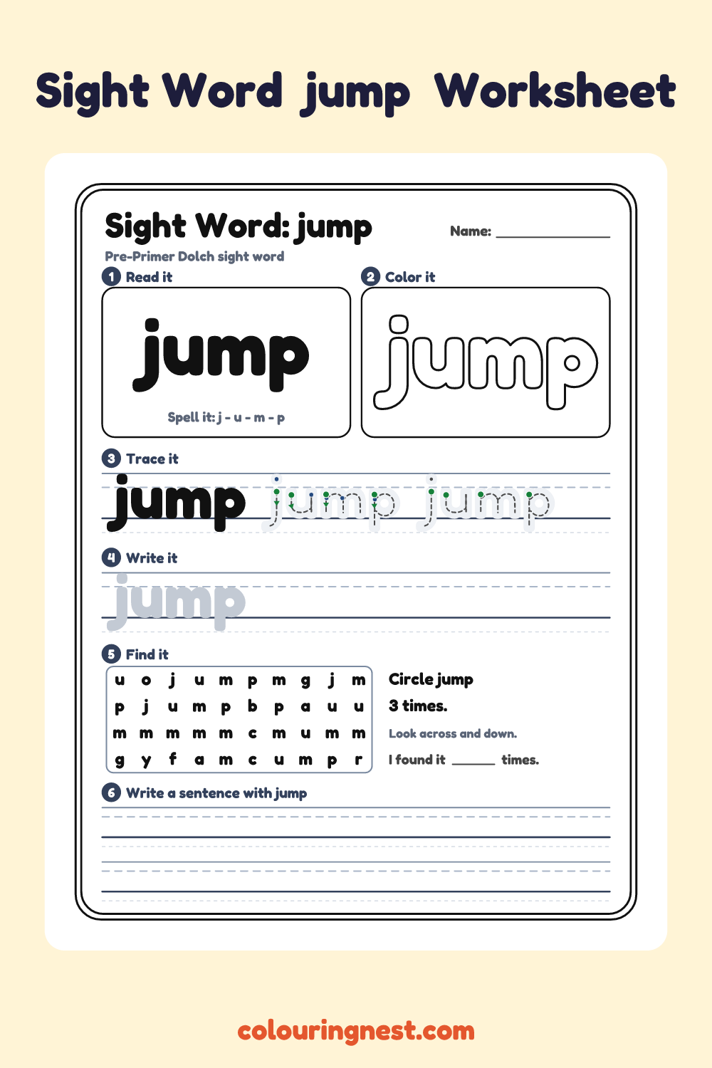“jump” sight word worksheet: read it, color it, trace it, write it, find it and use it in a sentence