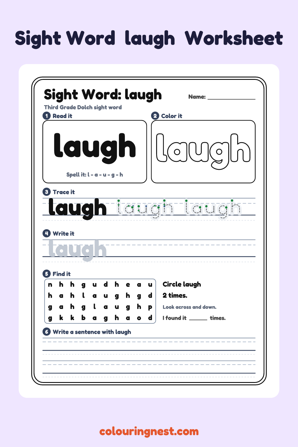 “laugh” sight word worksheet: read it, color it, trace it, write it, find it and use it in a sentence