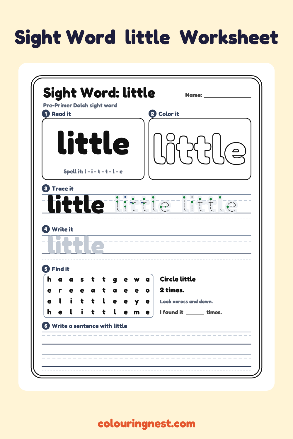 “little” sight word worksheet: read it, color it, trace it, write it, find it and use it in a sentence