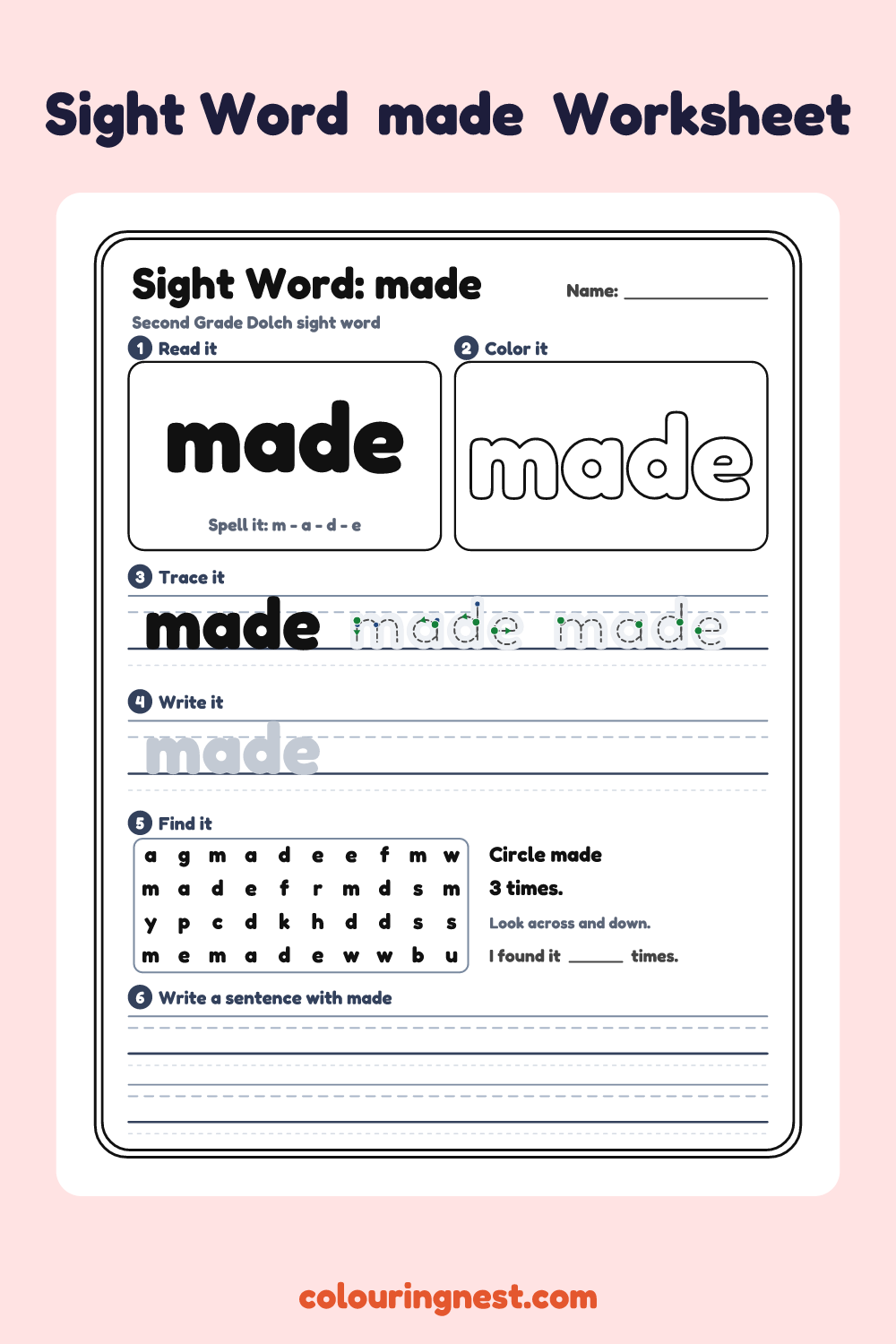“made” sight word worksheet: read it, color it, trace it, write it, find it and use it in a sentence