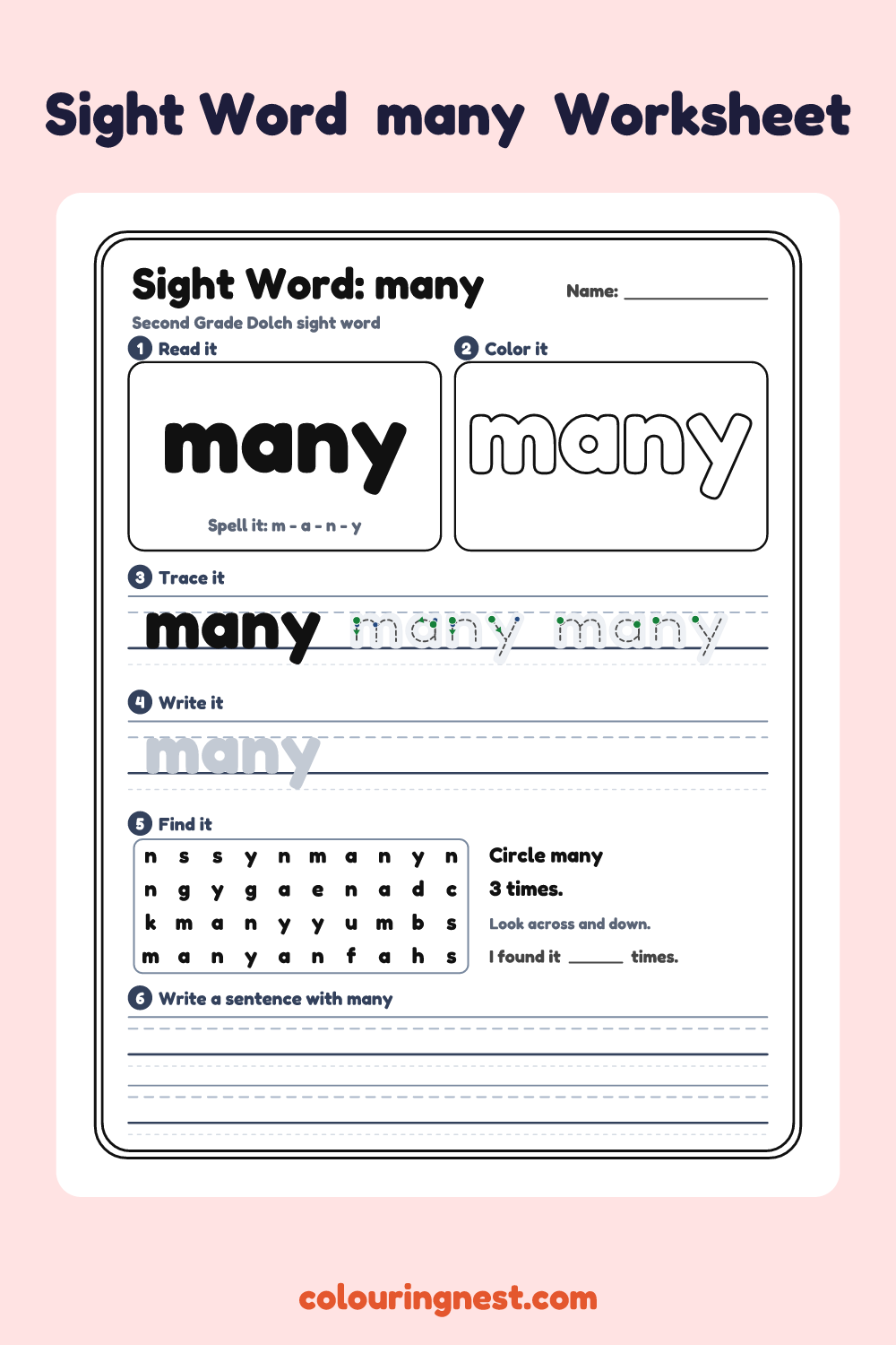 “many” sight word worksheet: read it, color it, trace it, write it, find it and use it in a sentence
