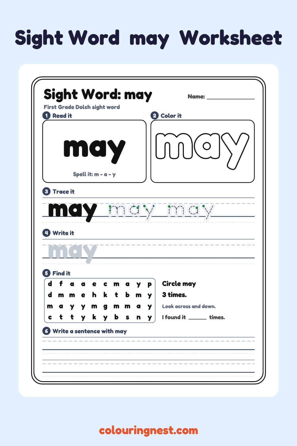“may” sight word worksheet: read it, color it, trace it, write it, find it and use it in a sentence