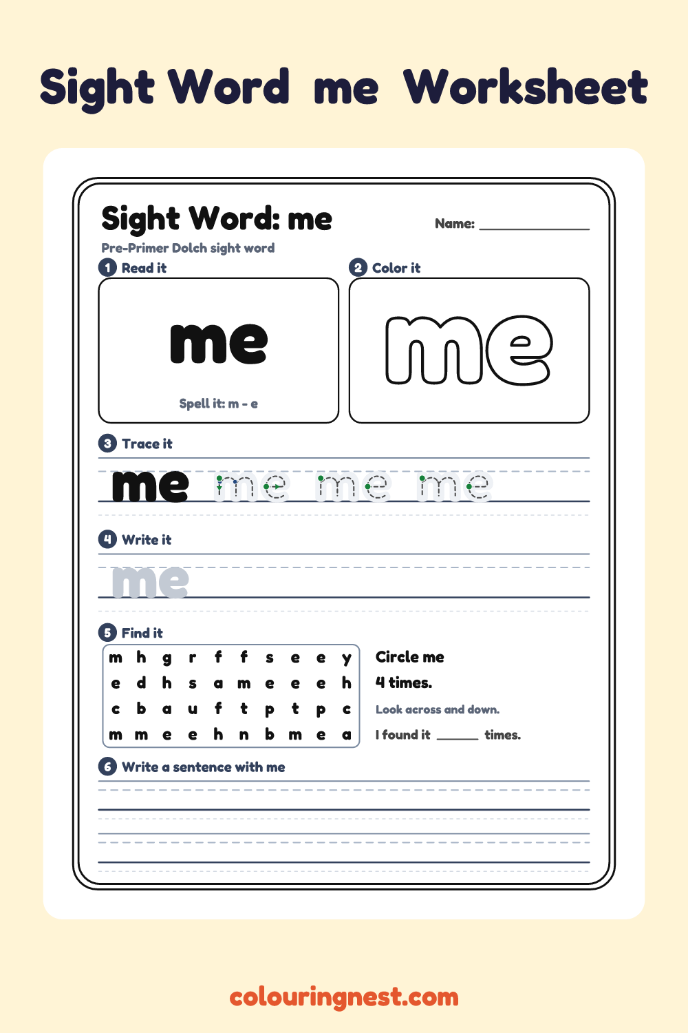 “me” sight word worksheet: read it, color it, trace it, write it, find it and use it in a sentence