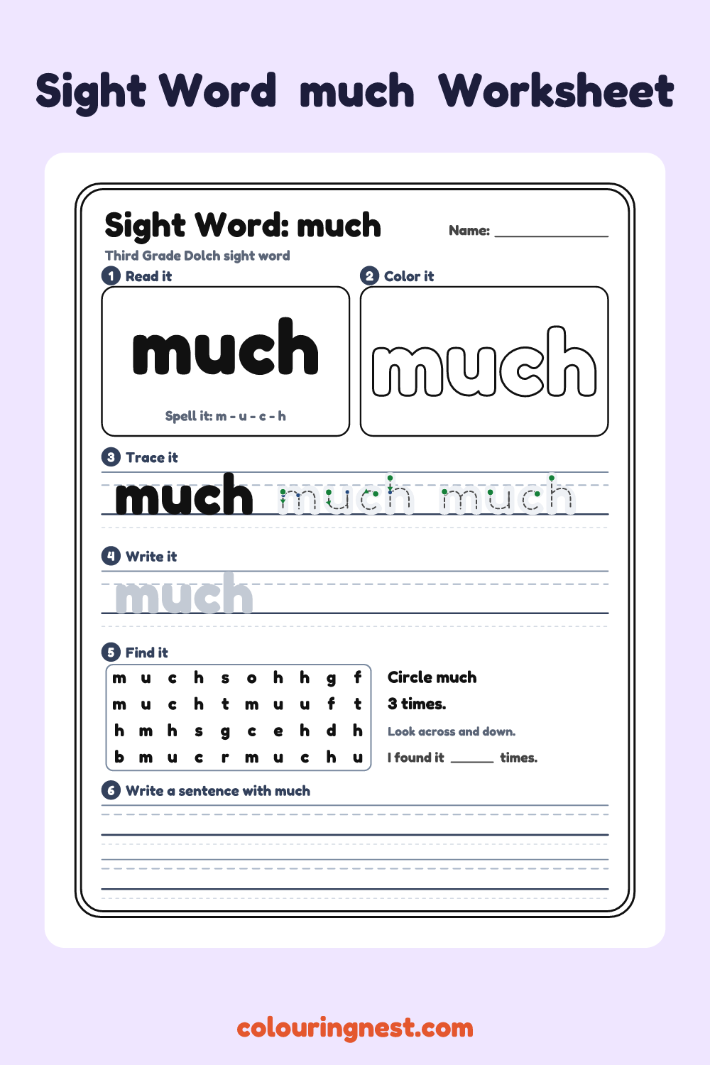 “much” sight word worksheet: read it, color it, trace it, write it, find it and use it in a sentence