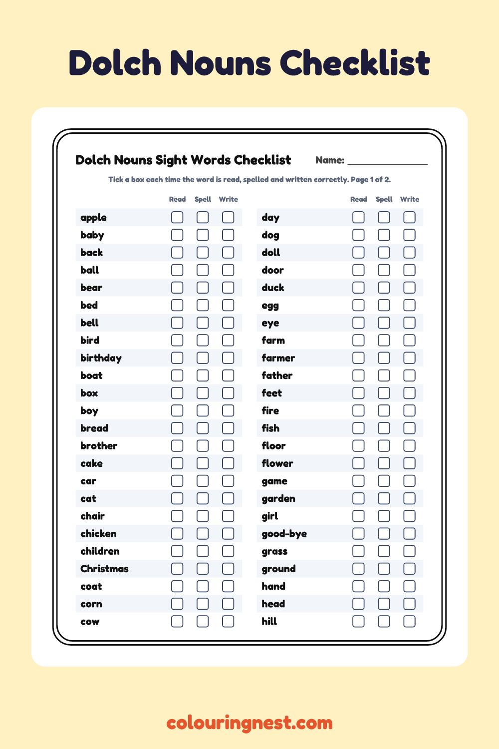 Dolch Nouns Checklist worksheet: free printable black-and-white line art
