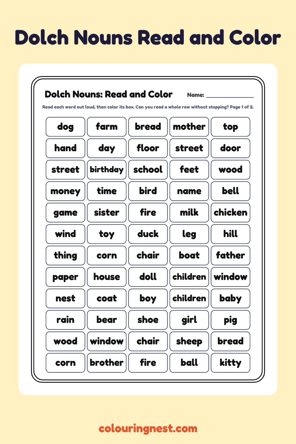Dolch Nouns Read and Color Worksheet: free printable black-and-white line art