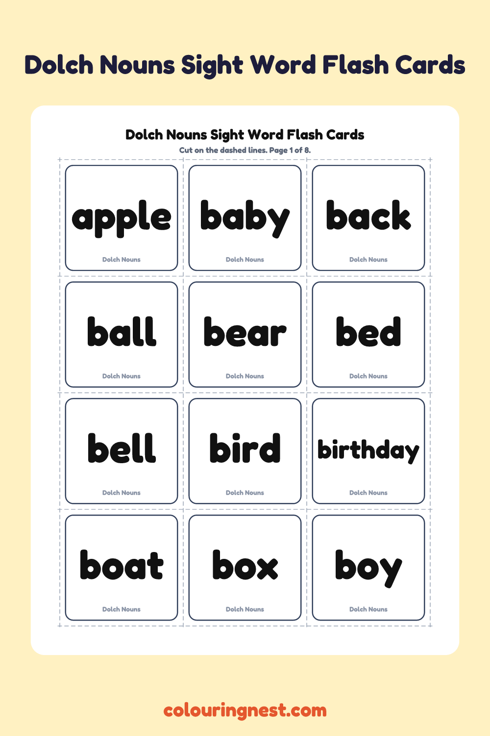 Dolch Nouns: Flash Cards and Worksheets: free printable black-and-white line art