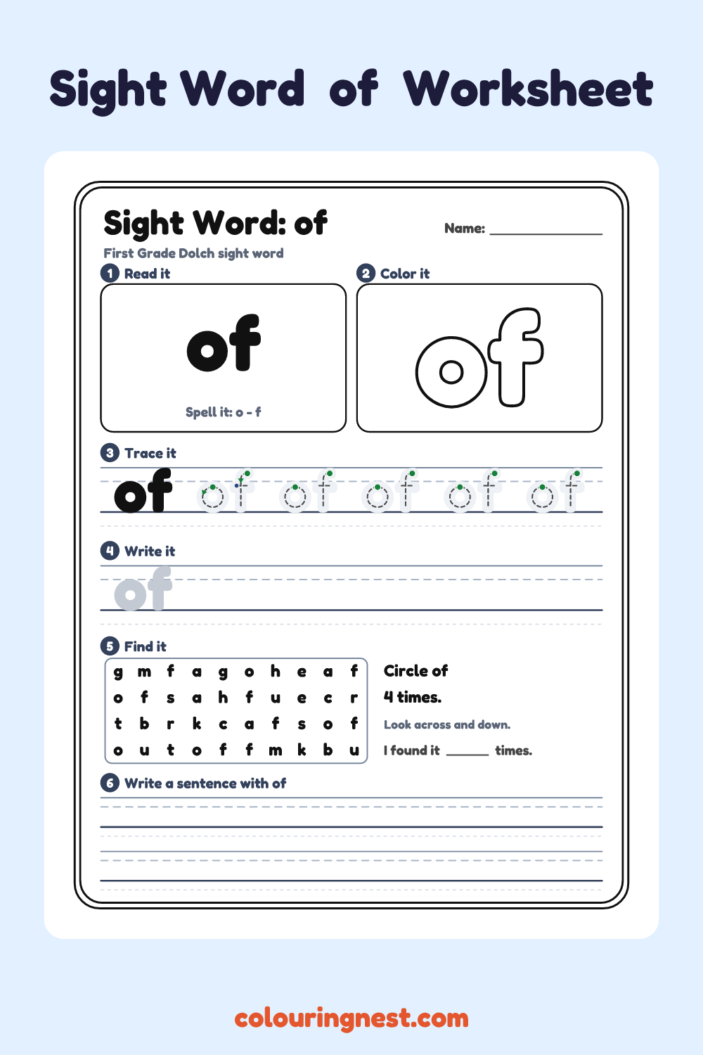 “of” sight word worksheet: read it, color it, trace it, write it, find it and use it in a sentence