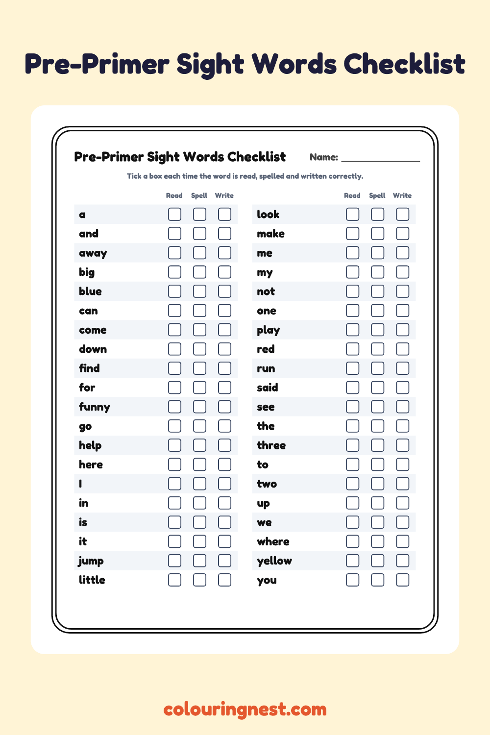 Pre-Primer Sight Words Checklist worksheet: free printable black-and-white line art