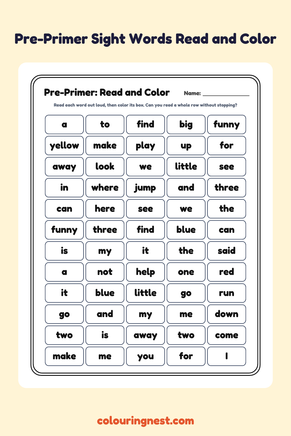 Pre-Primer Read and Color Worksheet: free printable black-and-white line art