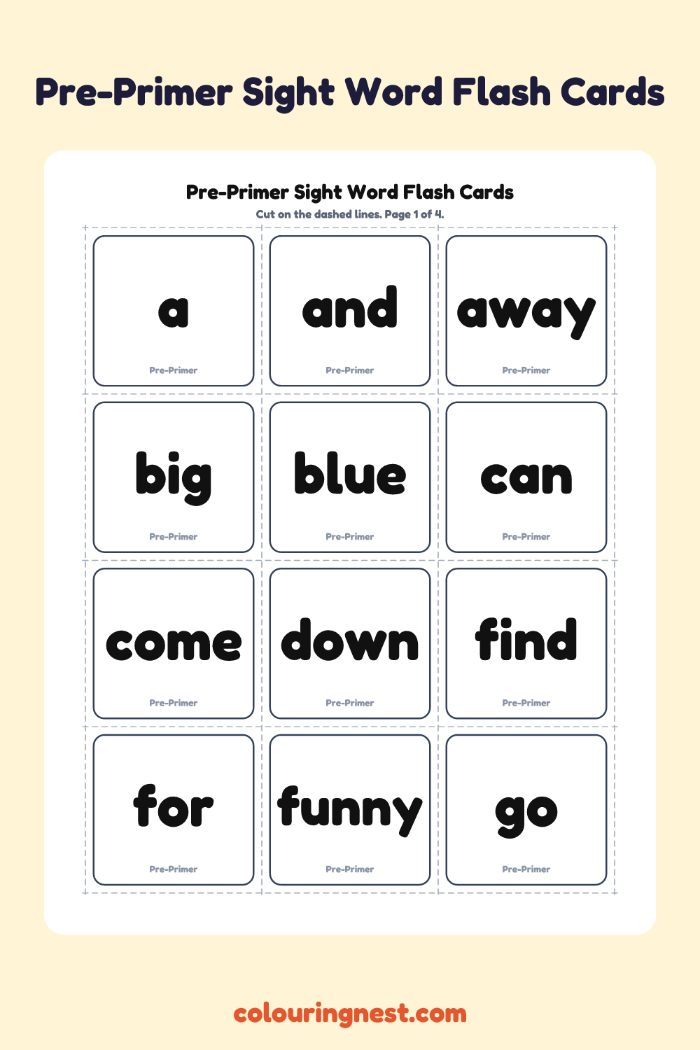 Pre-Primer Sight Words worksheet: free printable black-and-white line art