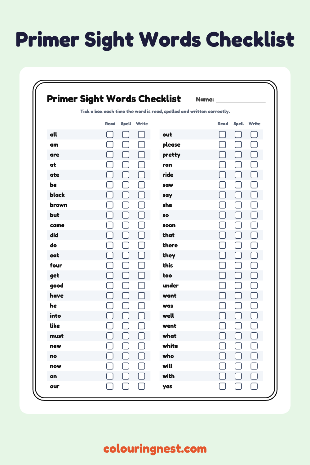 Primer Sight Words Checklist worksheet: free printable black-and-white line art
