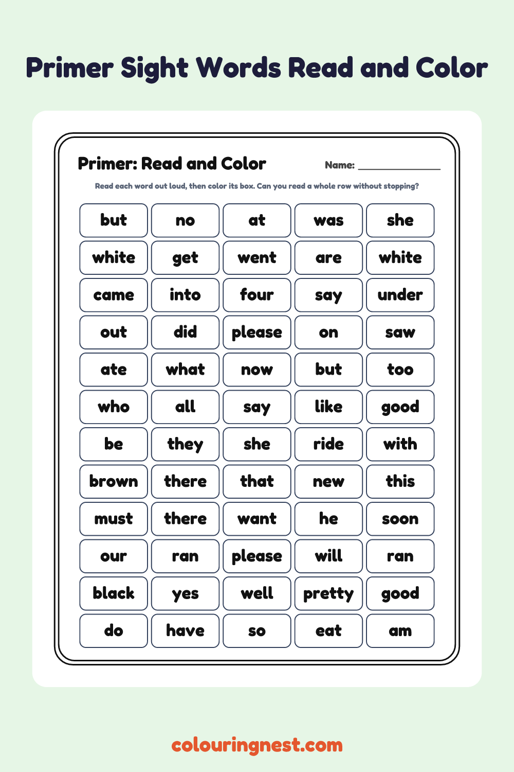 Primer Read and Color Worksheet: free printable black-and-white line art