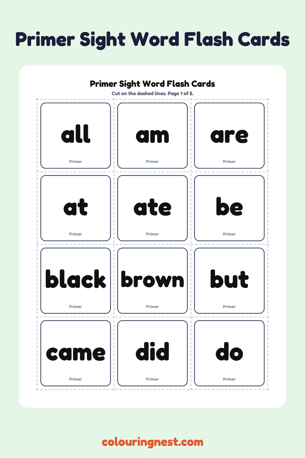 Primer Sight Words worksheet: free printable black-and-white line art