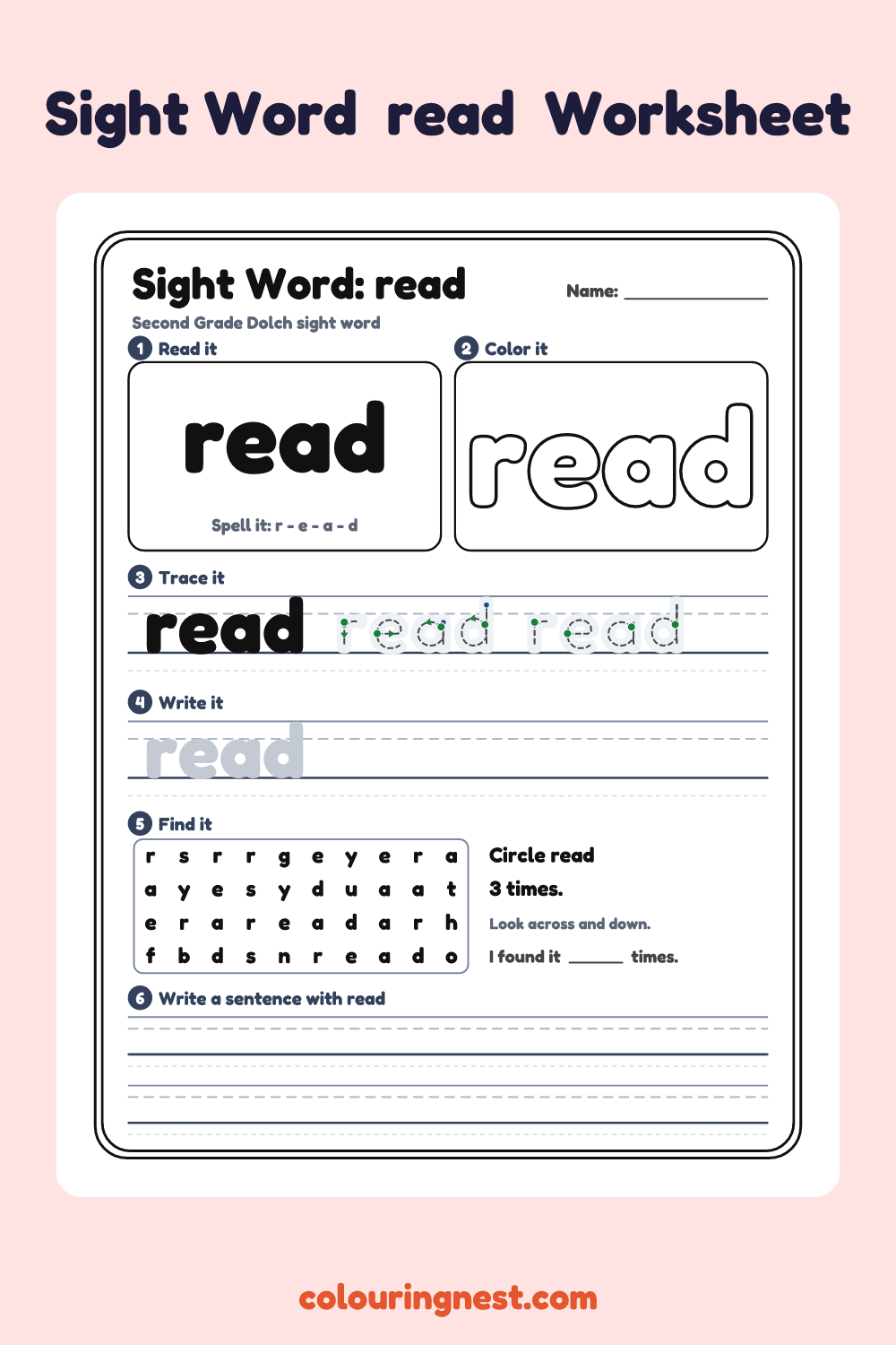 “read” sight word worksheet: read it, color it, trace it, write it, find it and use it in a sentence