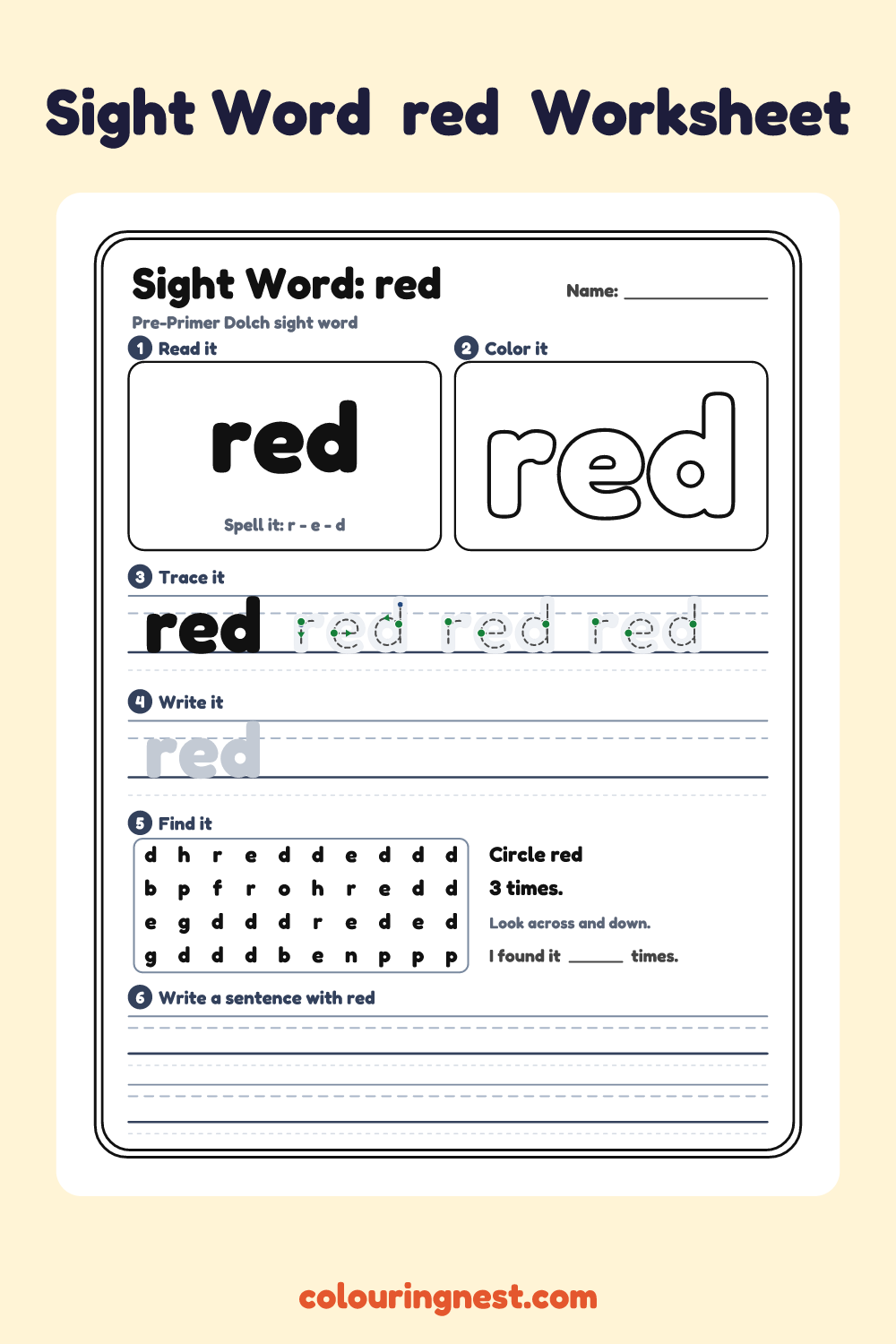 “red” sight word worksheet: read it, color it, trace it, write it, find it and use it in a sentence