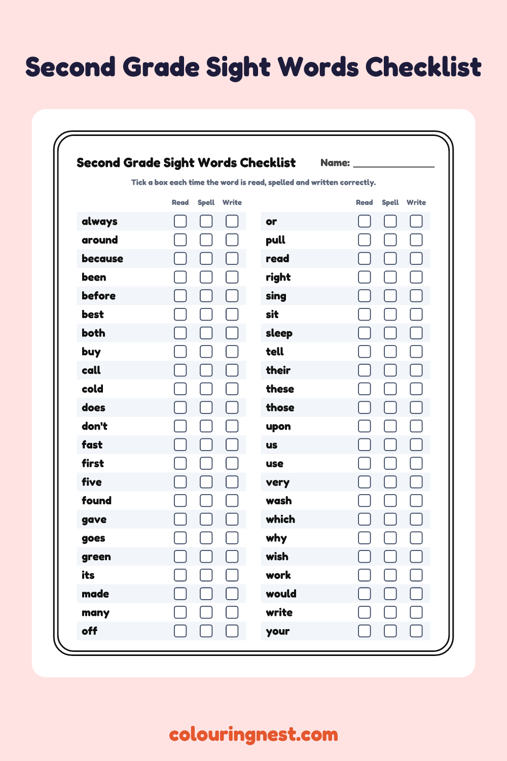 Second Grade Sight Words Checklist worksheet: free printable black-and-white line art