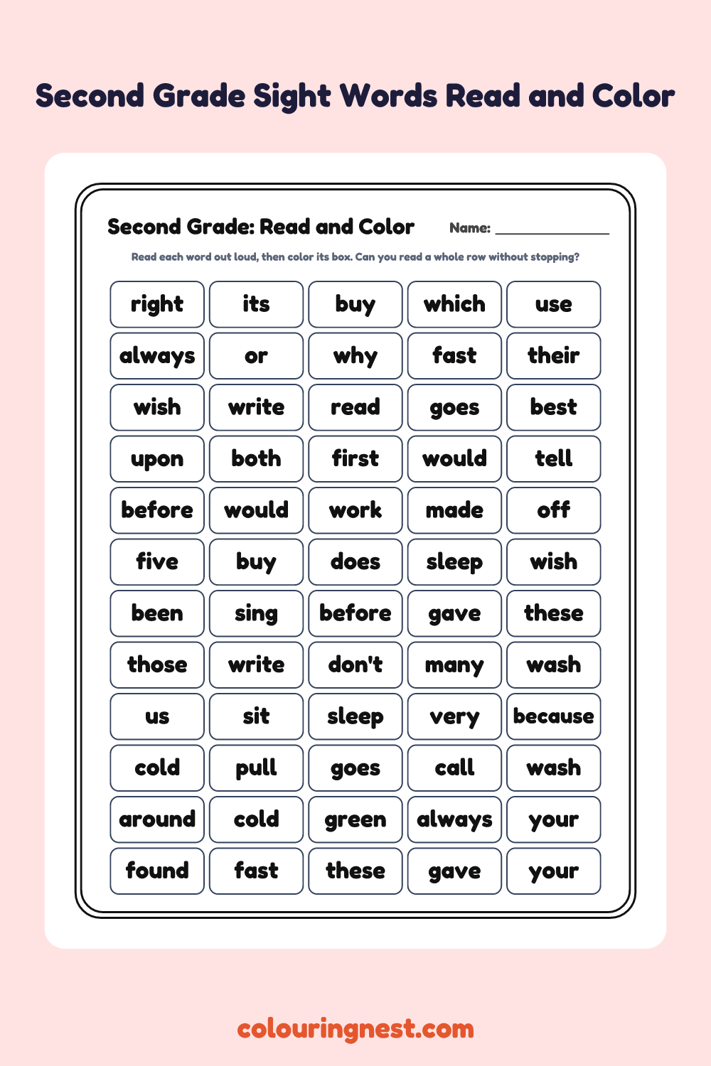 Second Grade Read and Color Worksheet: free printable black-and-white line art
