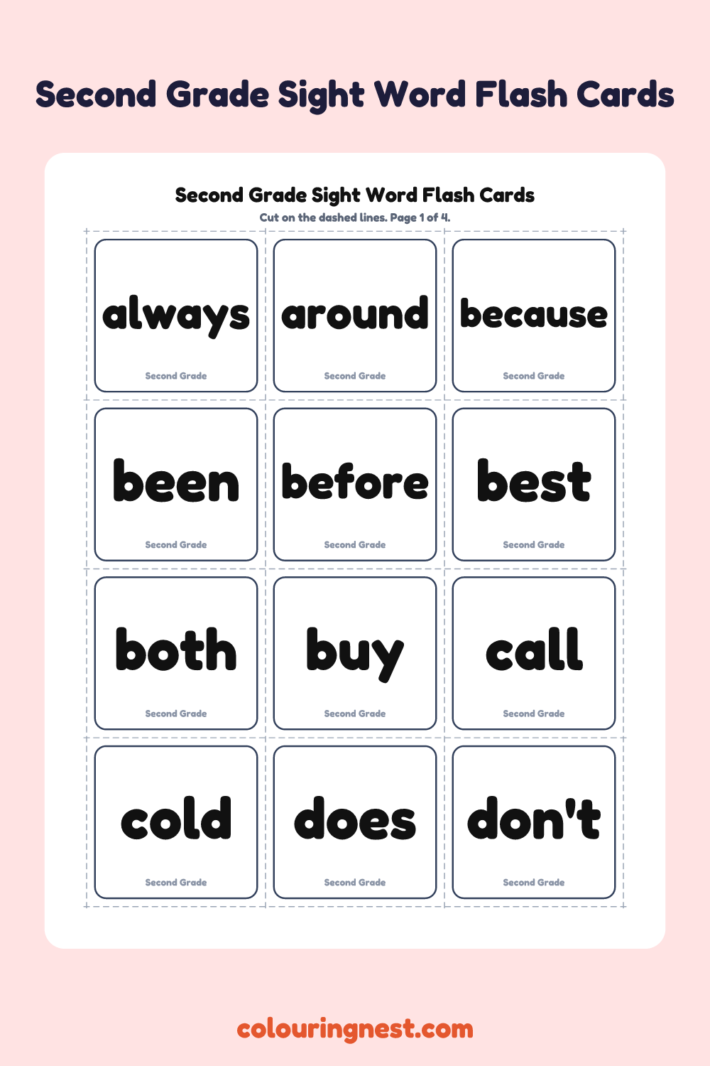 Second Grade Sight Words worksheet: free printable black-and-white line art