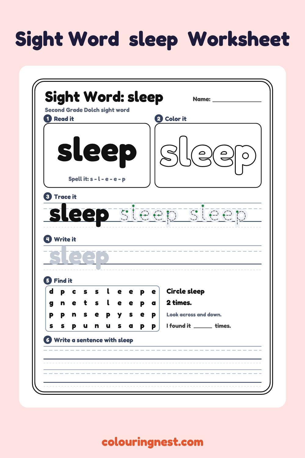 “sleep” sight word worksheet: read it, color it, trace it, write it, find it and use it in a sentence