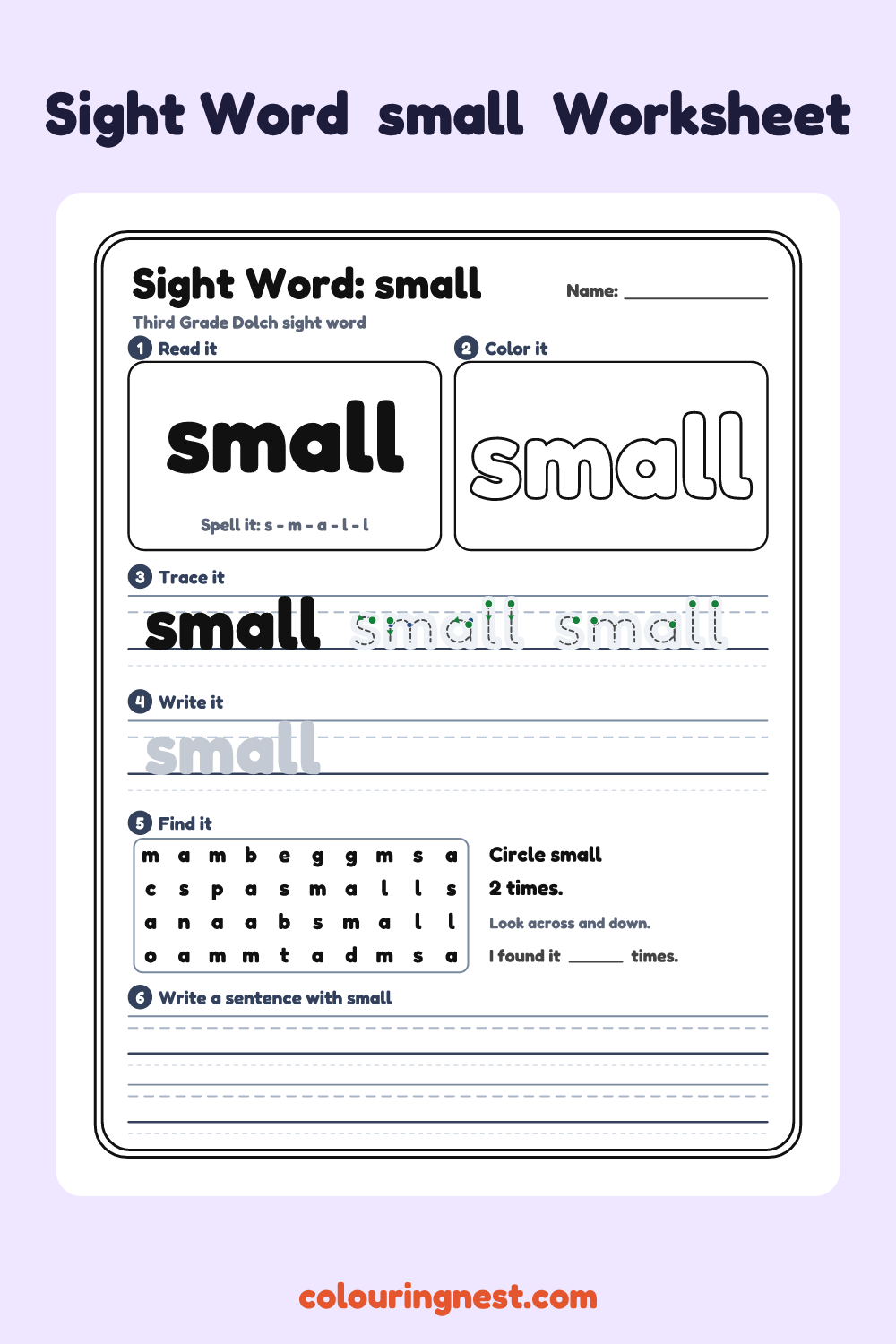 “small” sight word worksheet: read it, color it, trace it, write it, find it and use it in a sentence