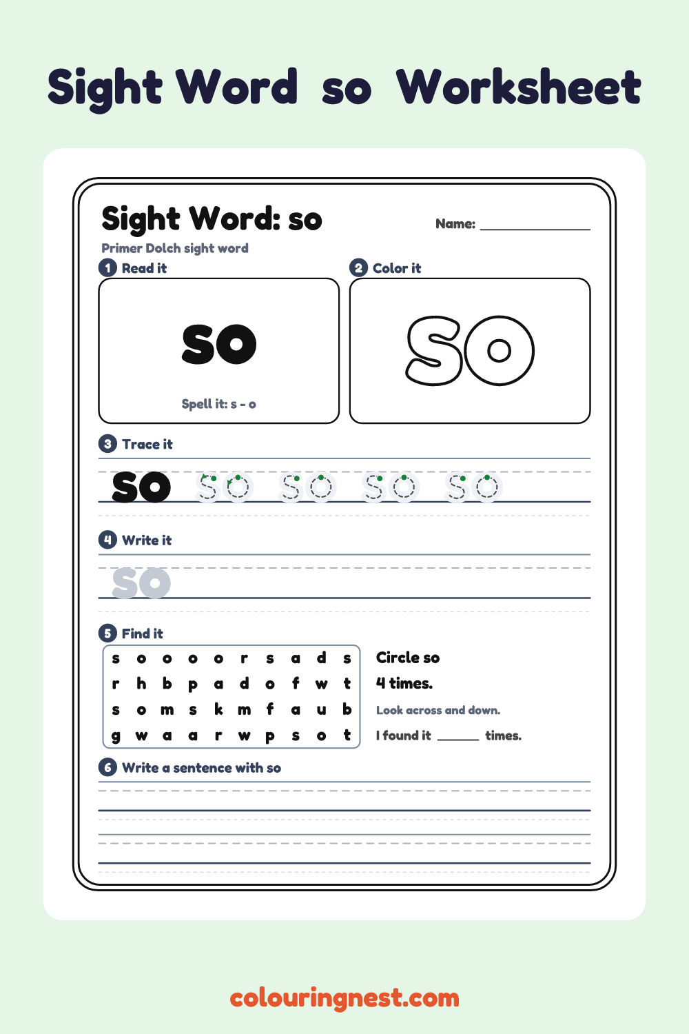 “so” sight word worksheet: read it, color it, trace it, write it, find it and use it in a sentence