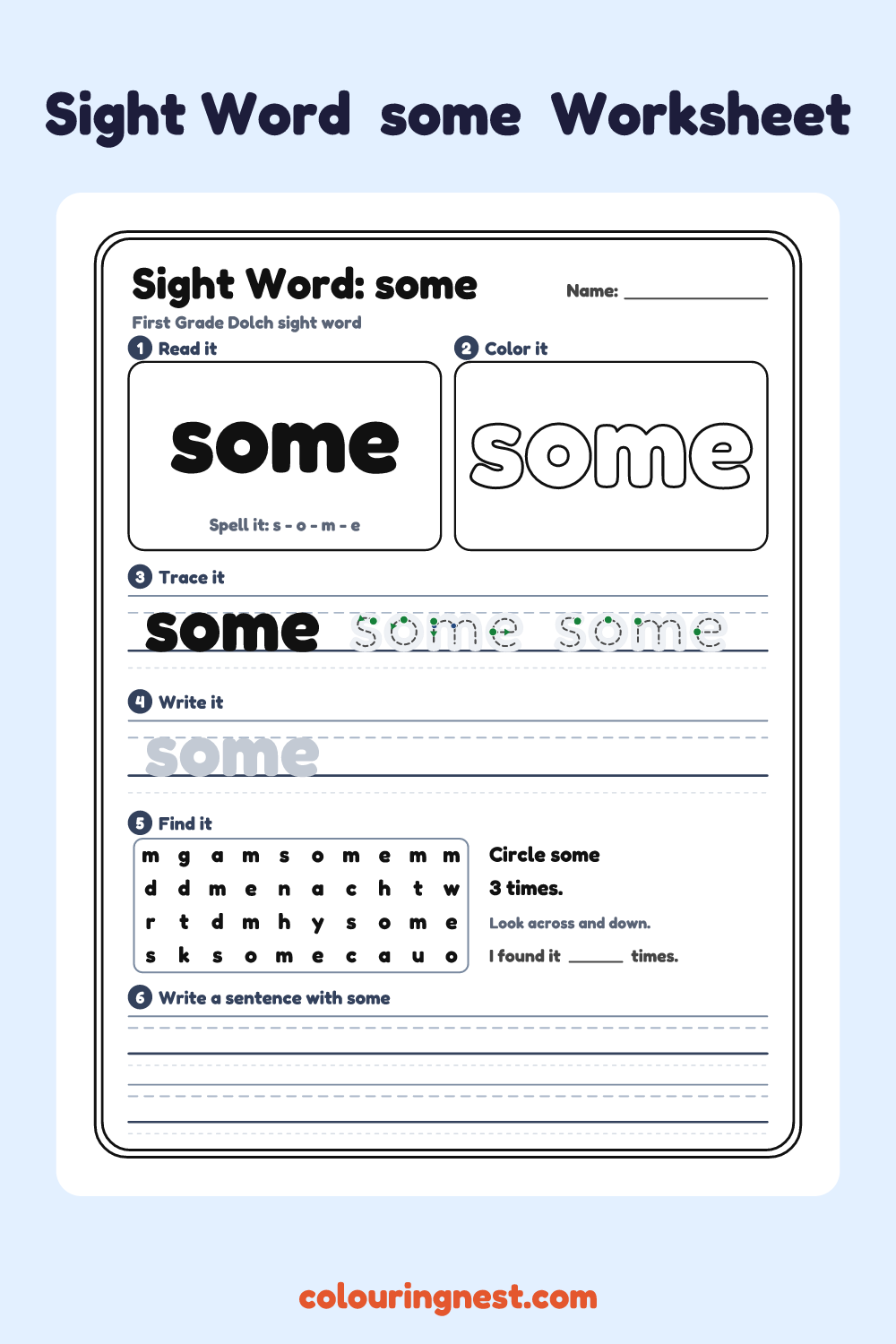 “some” sight word worksheet: read it, color it, trace it, write it, find it and use it in a sentence
