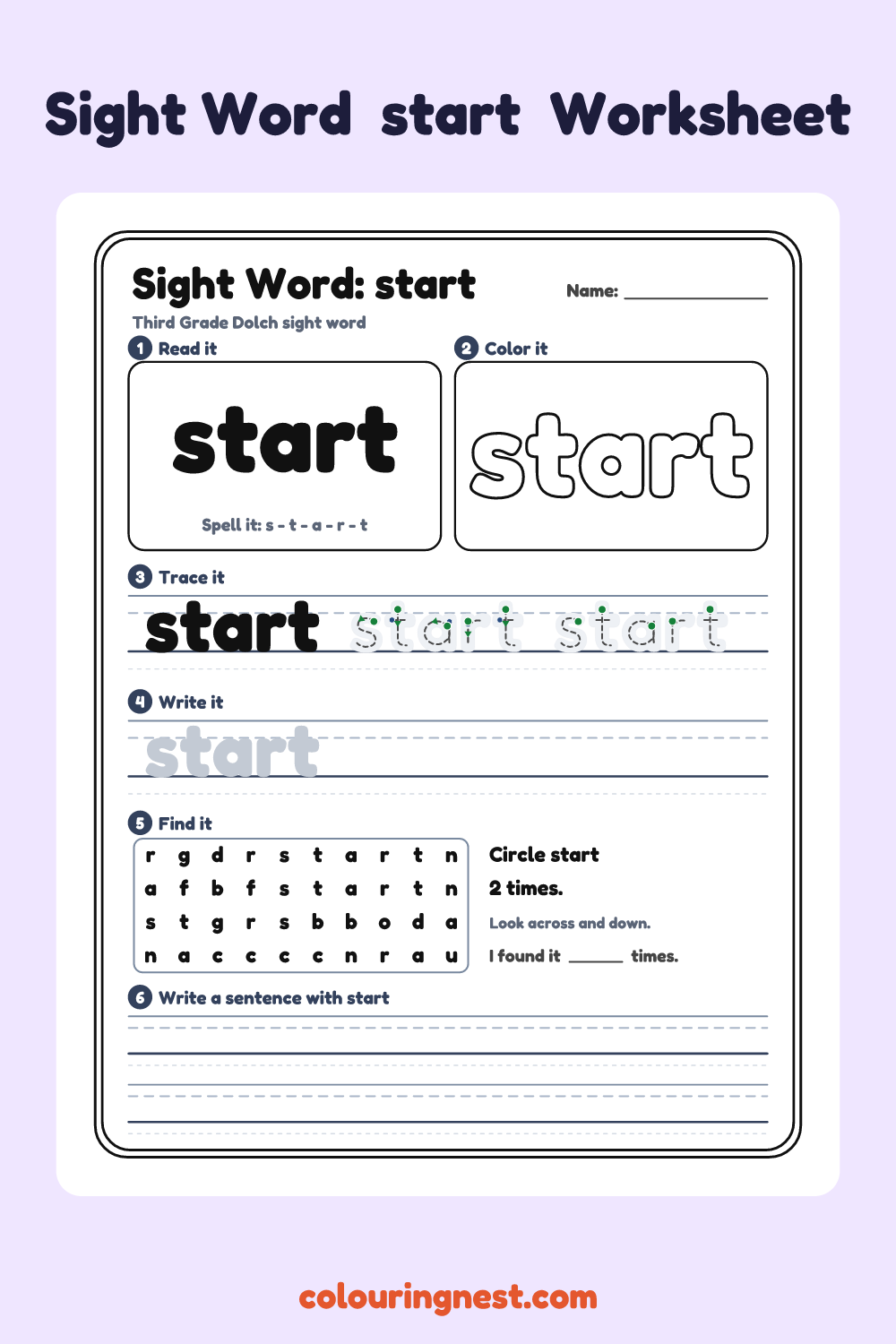 “start” sight word worksheet: read it, color it, trace it, write it, find it and use it in a sentence