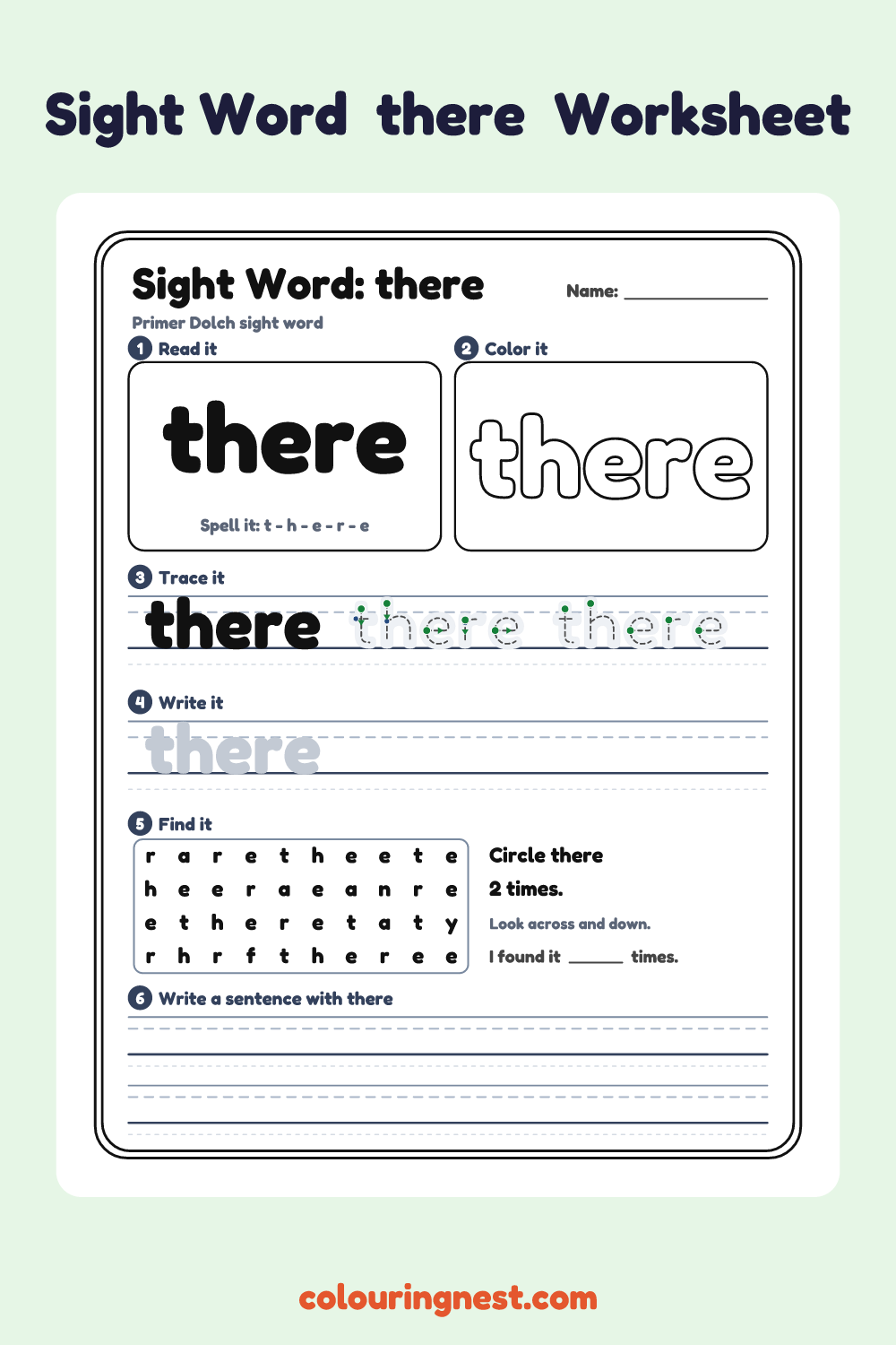“there” sight word worksheet: read it, color it, trace it, write it, find it and use it in a sentence