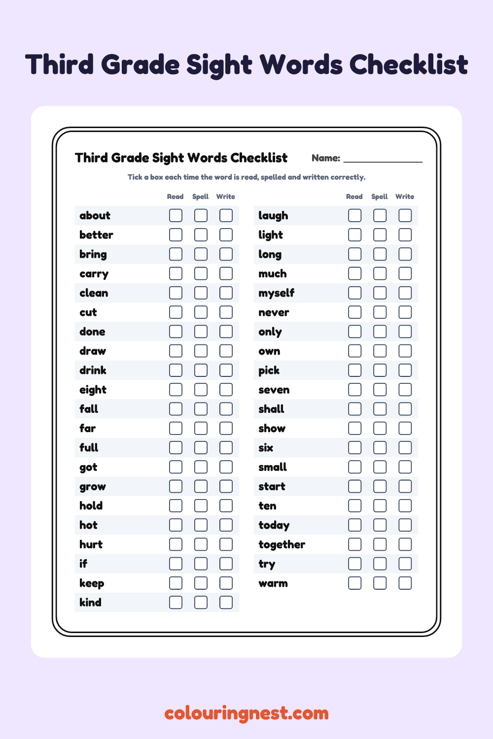 Third Grade Sight Words Checklist worksheet: free printable black-and-white line art