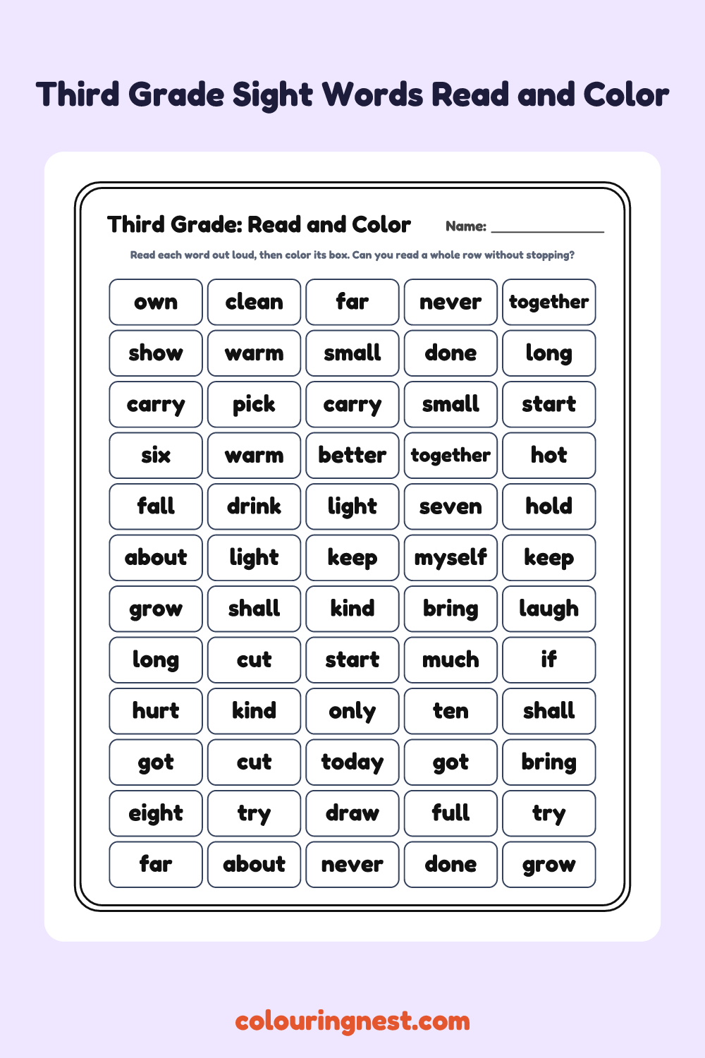 Third Grade Read and Color Worksheet: free printable black-and-white line art