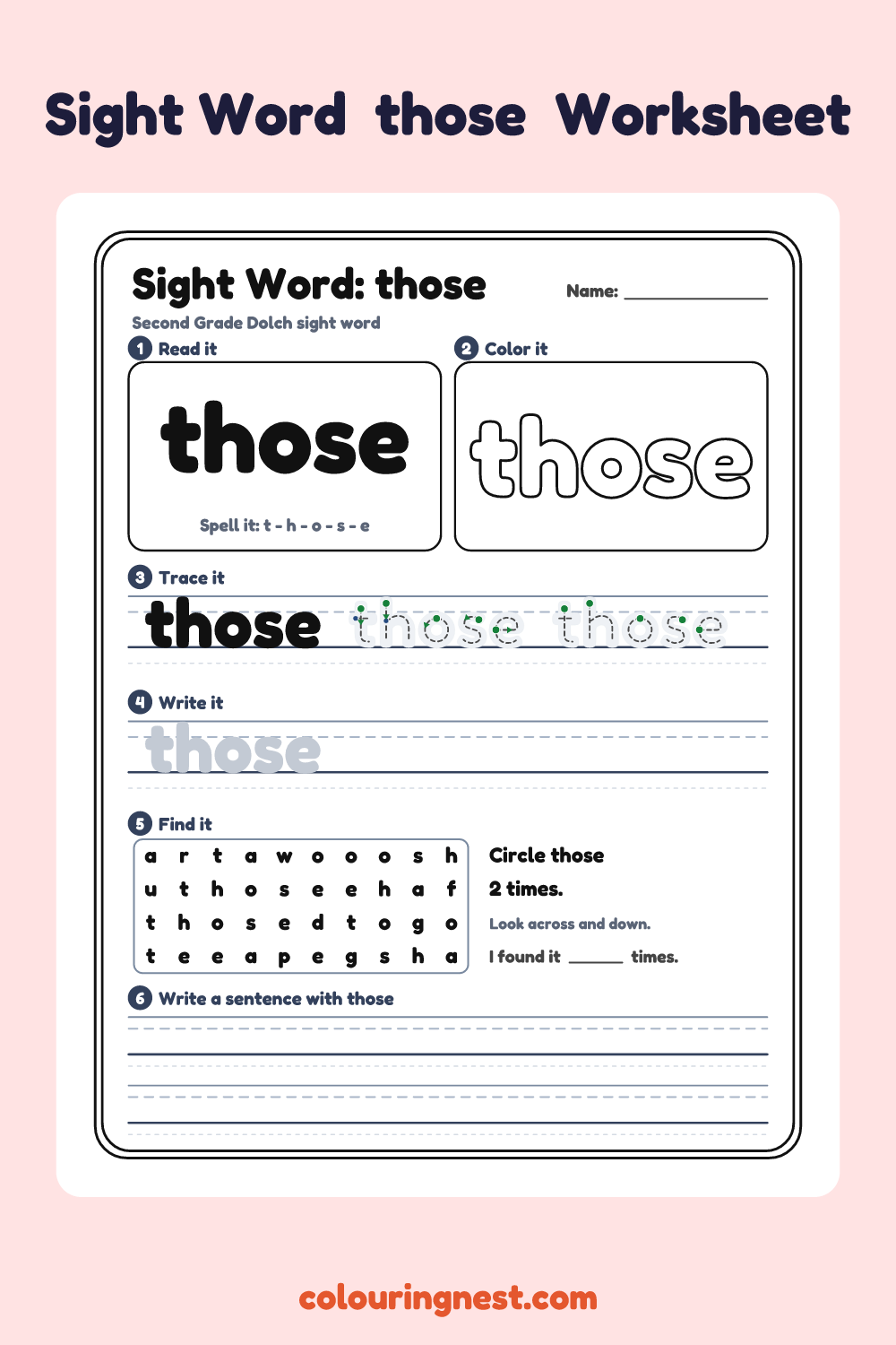 “those” sight word worksheet: read it, color it, trace it, write it, find it and use it in a sentence
